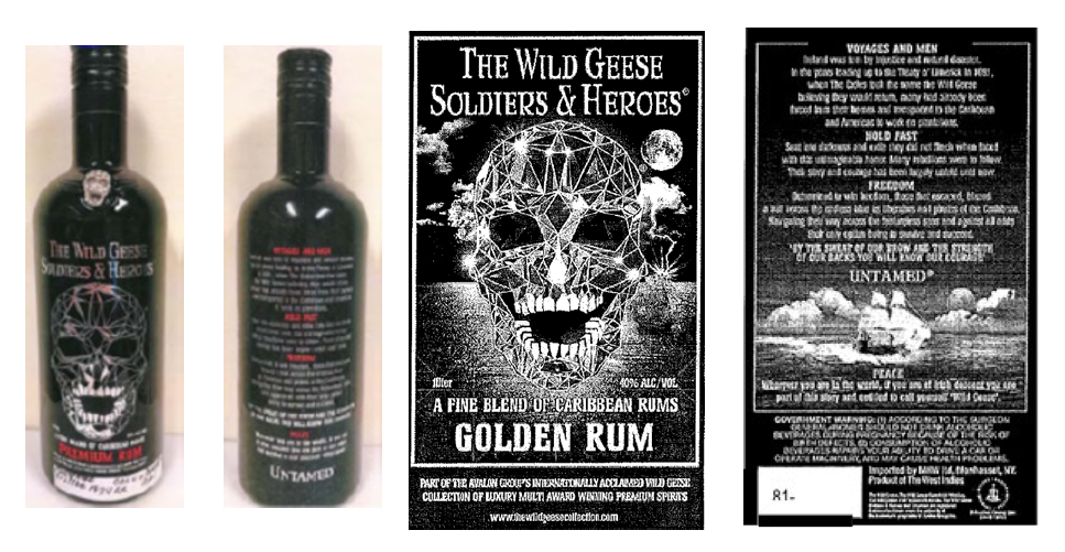 The Wild Geese Soldiers & Heroes brand rum labels